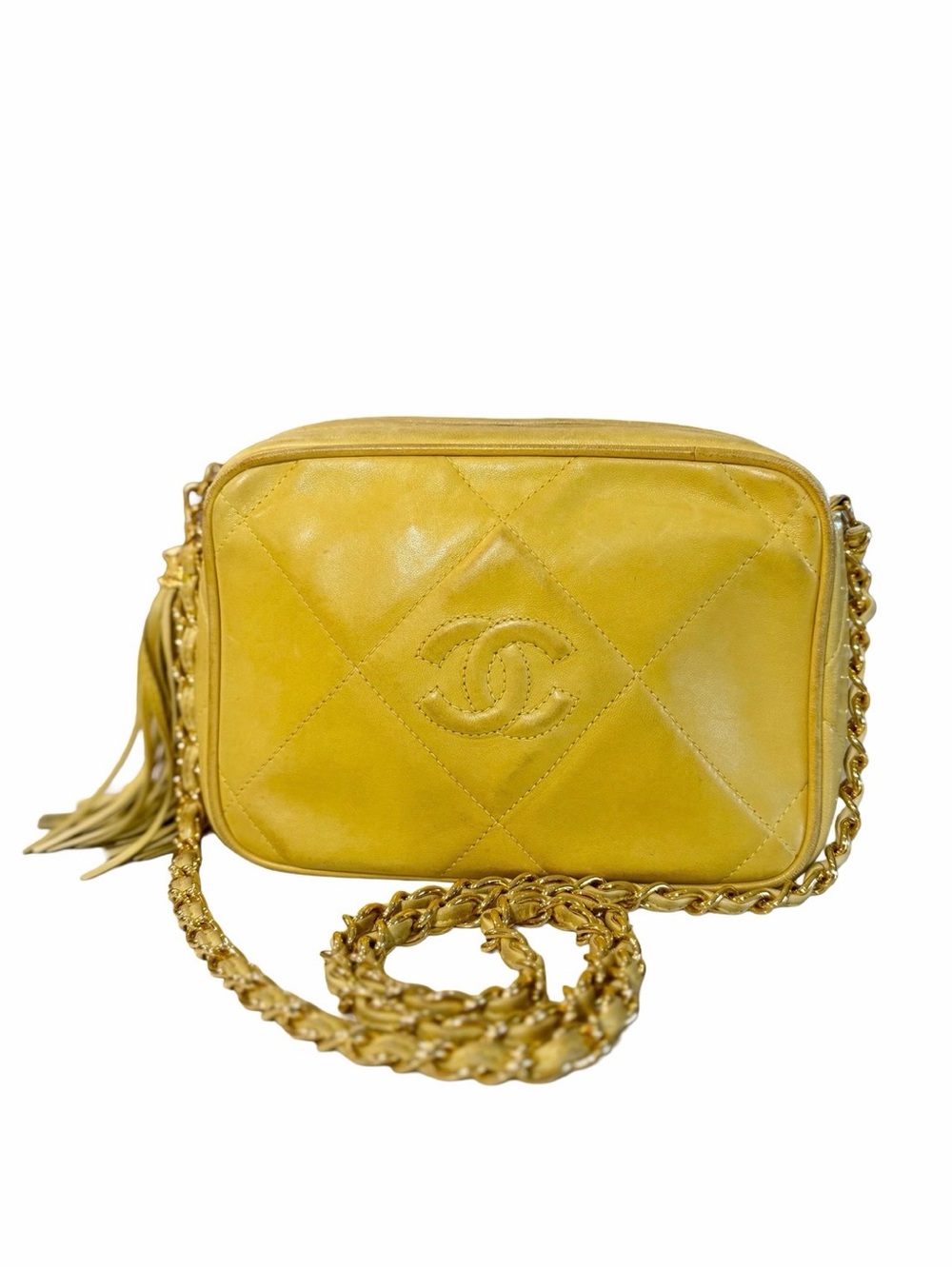 Authentic Vintage Chanel Yellow Lambskin CC Camera Bag 24K Gold Tassel